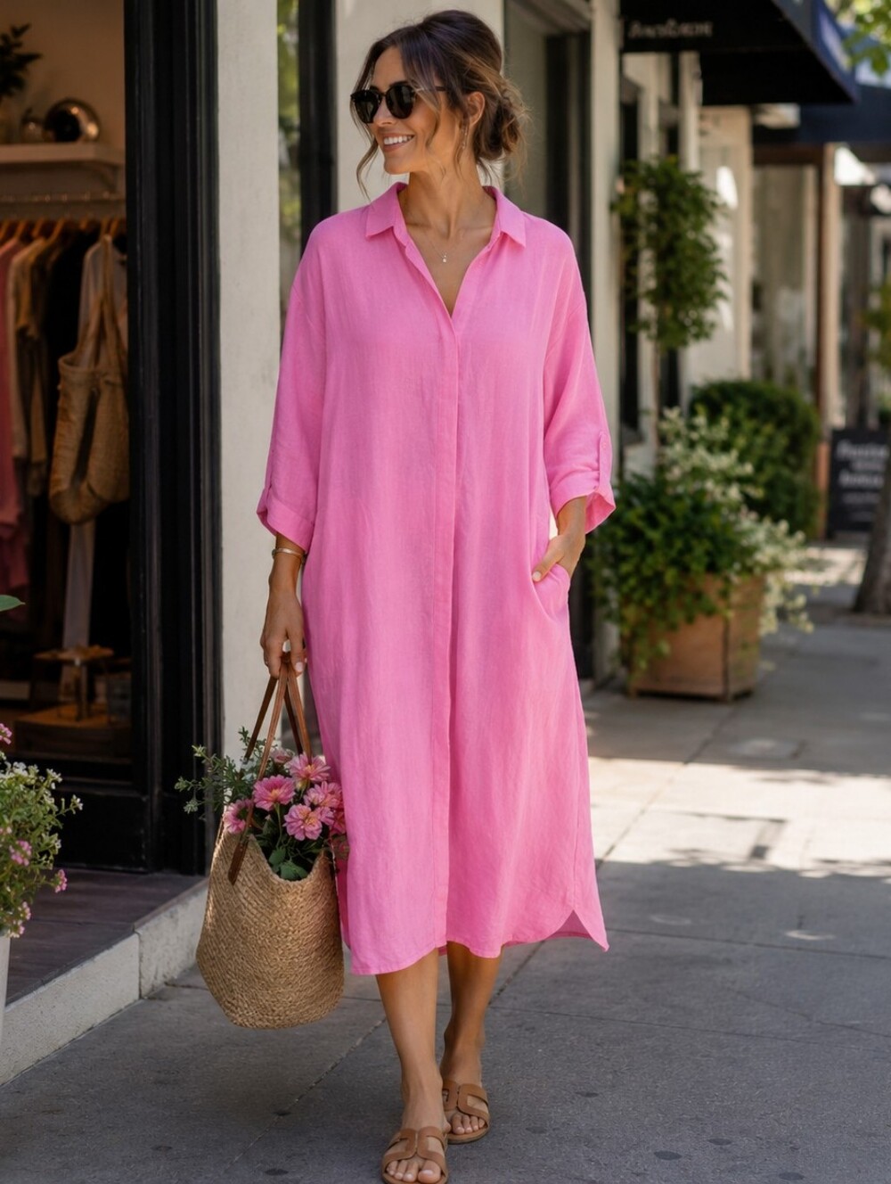 RW Linen (Colombia) Midi Dress In Petal Pink | M